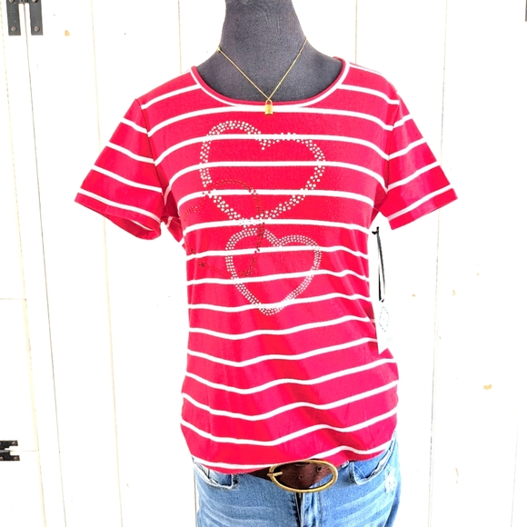 ❤️Kate Park Striped Heart Bling Tee NWT size pet. M - Picture 2 of 11